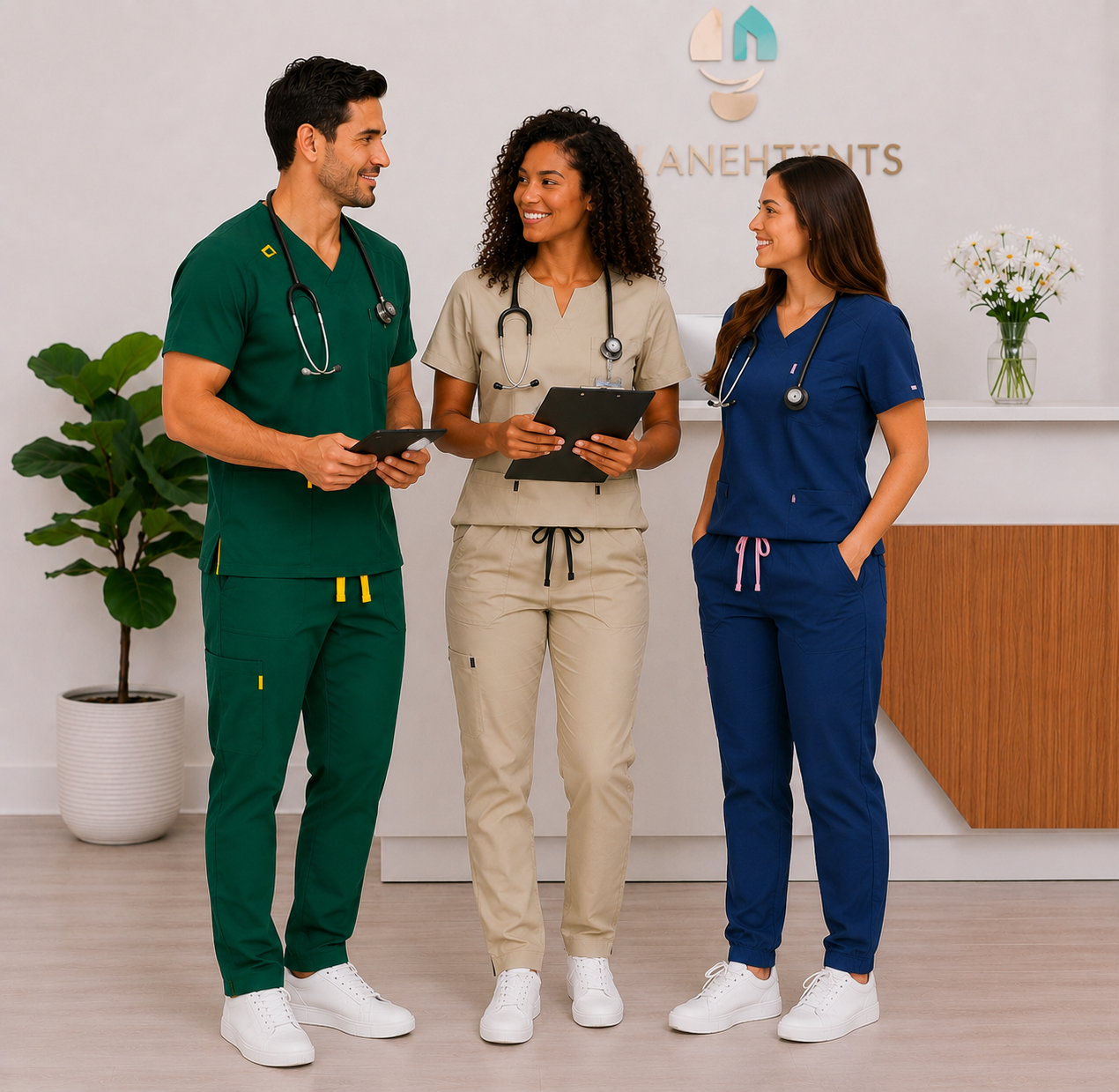 Profesional de la salud con uniforme SAGIA en ambiente clínico moderno